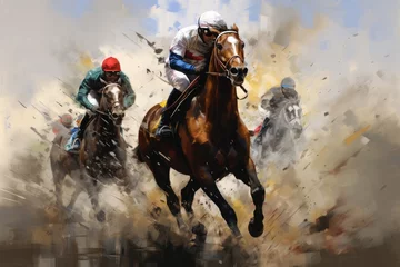 Rolgordijnen Photo watercolor sports art horse racing, Race horse with jockey on watercolor splatter background, Ai generated © Tanu