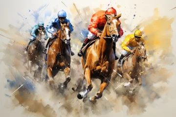 Muurstickers Photo watercolor sports art horse racing, Race horse with jockey on watercolor splatter background, Ai generated © Tanu