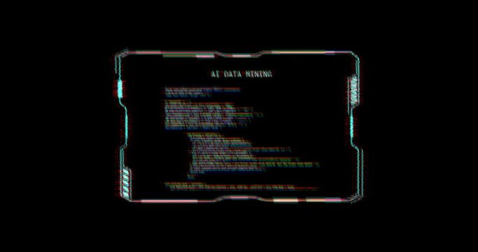 Animation of glitching interface with ai data mining text, processing on black background