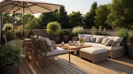 Fototapeta premium Relaxing area on wooden deck and terrace