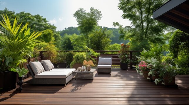 Relaxing area on wooden deck and terrace