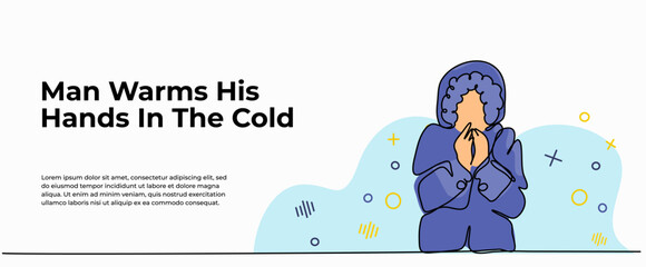 Vector illustration of a young man felt shivering during the winter. Modern flat in continuous line style.