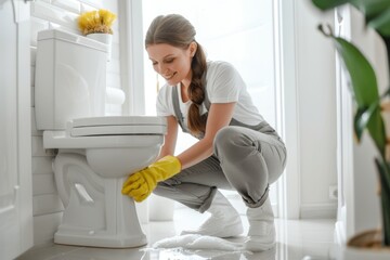 Smiling woman cleaning toilet with foam, wearing gloves, in a bright bathroom. Spring cleaning concept. - obrazy, fototapety, plakaty