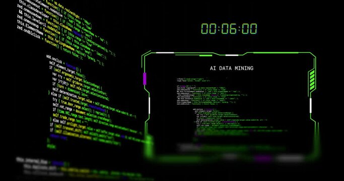 Animation of scrolling data, countdown clock and interface ai data mining, on black background