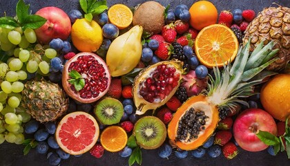 Exotic Delights: A Rainbow of Ripe Tropical Fruits from Above