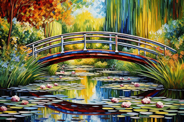 A Vibrant Japanese Bridge Over a Lily Pond in Spring or Summer in the Style of French Impressionism