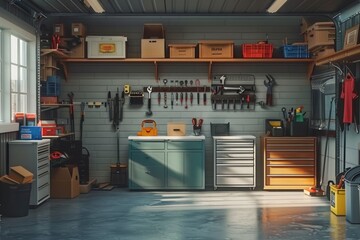Organized garage interior with tools hung on the wall and storage shelves.