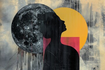 The Moon profile, Halftone pattern , highly textured, media collage painting