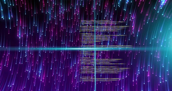 Animation of blue scanner beams over processing data and blue and pink light trails