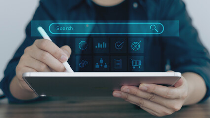 Search Engine bar on screen, Technology Data Search on website and Business keyword search or idea finding concept.