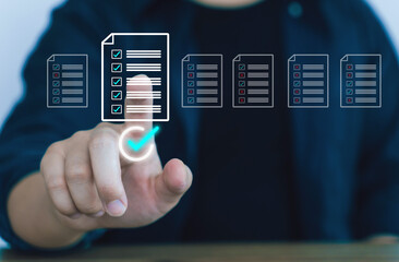 Business people select one Correct data, concept of Data review and data management, Approve data online, Check list data and data quality assurance.