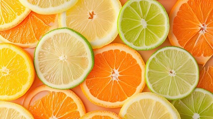 Fototapeta premium Citrus fruit slices. Tangerines, orange, allergy, lemon, tangerine, grapefruit, lemonade, vitamin C, juice, sour, aroma, tropics. Generated by AI