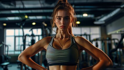 Fototapeta na wymiar Close up image of attractive fit woman in gym. Fitness woman in gym. Generative AI.