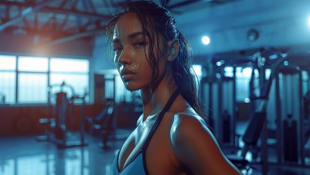Close up image of attractive fit woman in gym. Fitness woman in gym. Generative AI.