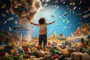 Joyous moment of a kid engrossed in play, creating a world of wonder with vibrant and colorful lego pieces, AI generated