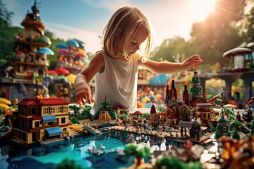 Joyous moment of a kid engrossed in play, creating a world of wonder with vibrant and colorful lego pieces, AI generated