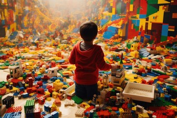 Joyous moment of a kid engrossed in play, creating a world of wonder with vibrant and colorful lego pieces, Ai generated - obrazy, fototapety, plakaty