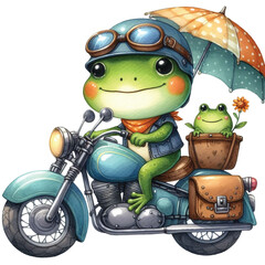 frog cute driving a motorcycle clipart watercolor 
