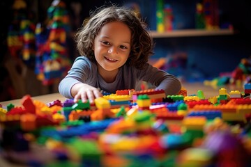 Kid play with lego pieces., Joyous moment of a kid engrossed in play, creating a world of wonder with vibrant and colorful lego pieces, Ai generated - obrazy, fototapety, plakaty