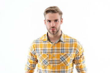 Obraz premium Man in checkered shirt isolated on white. Stylish man with stylish hairstyle. Trendy male fashion style. Male casual style. Face portrait. Caucasian casual guy