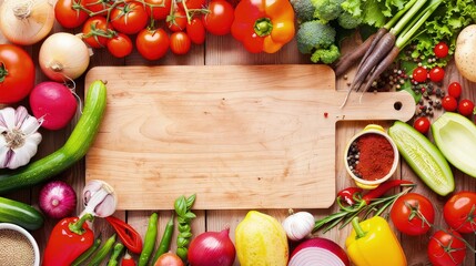 Cutting board, food and ingredients around it. A snapshot of freshness and natural goodness. Photo with copy space.