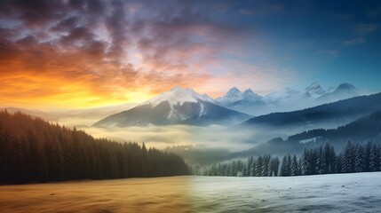 Foggy sunrise in the Carpathian mountains. Panorama - obrazy, fototapety, plakaty