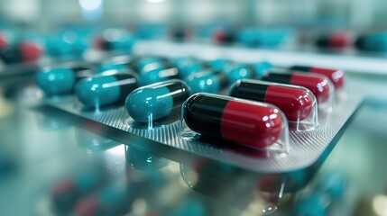 Selective focus blue-green capsule pill and drug tray with red-black capsule. Global healthcare. Antibiotics drug resistance. Antimicrobial capsule pills. Pharmacy background. Pharmaceutical industry. - obrazy, fototapety, plakaty
