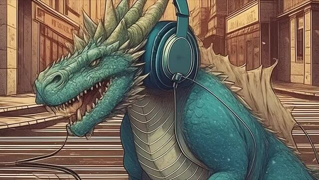 Animation color dragon wearing headphones on city background. Cartoon anime style. Video background for music. Pop art