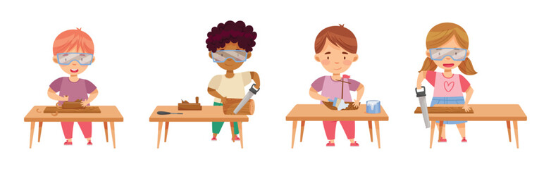 Children at Table Woodworking Making Items from Wood Vector Set