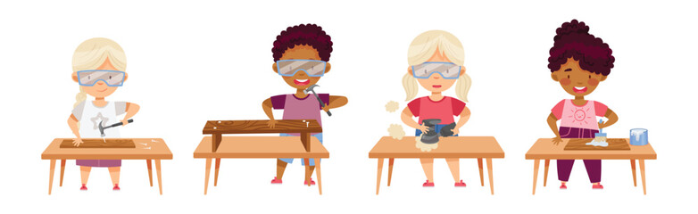 Children at Table Woodworking Making Items from Wood Vector Set