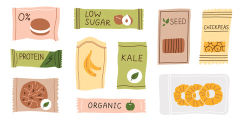 Healthy snacks set, energy bars with low sugar, nutritious food collection, protein desserts icons, vector illustrations of organic dried fruit, fitness bars and cookies, diet eating - obrazy, fototapety, plakaty