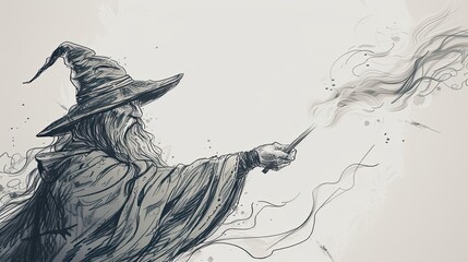 Mystical wizard casting spells with a wand. Abstract, doodle, magical, sorcerer, incantations, arcane, wizardry, fantasy, mystical aura, enchantment. Generated by AI