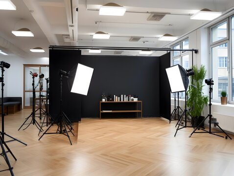 Interior of modern photo studio with professional equipment and lighting equipment.