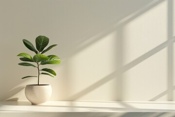 Minimalist indoor plant in a beige pot on a shelf with sunlight casting shadows on a white wall. Place for text.