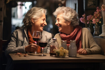 Two joyful retired grandmothers smiling while drinking wine in restaurant. Mature women friends enjoying retirement and spending time together in restaurant. - obrazy, fototapety, plakaty