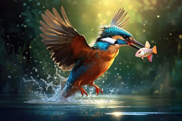 Naklejka premium Kingfisher catching a fish in a river, European kingfisher (alcedo atthis) flying from water with caught fish, Ai generated