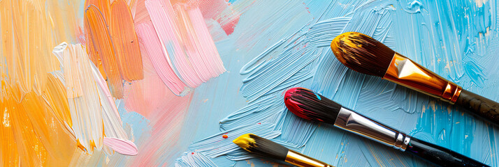 Obraz premium Assorted paint brushes with vibrant bristles on a textured painted background. Artistic tools concept. Design for art workshop poster, banner, and creativity-themed backgrounds.