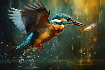 Kingfisher catching a fish in a river, European kingfisher (alcedo atthis) flying  from water with caught fish, Ai generated