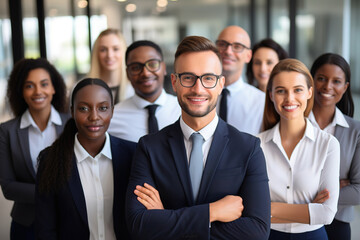 Fototapeta premium Portrait of successful group of business people at modern office looking at camera. Multiethnic group of people smiling.