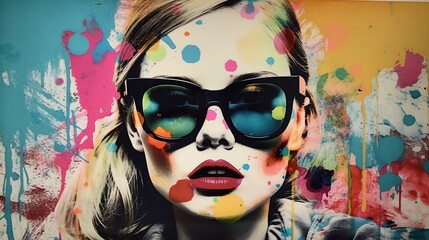 Pop art portrait of anger girl with sunglasses.