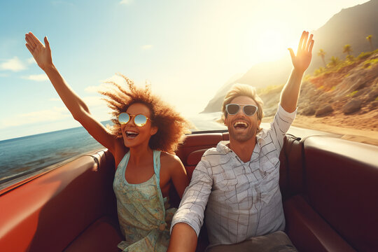 Cheerful couple driving in convertible car on road trip and enjoying with hands up. Couple having fun on summer day - Powered by Adobe