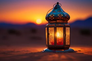 Tuinposter The lantern lights in the desert at night have a Ramadan feel with generative ai © firdan