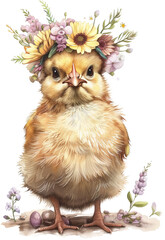 Baby chicken wearing wreath isolated on transparent background. PNG