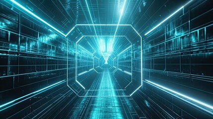 Fototapeta na wymiar Glowing lines forming a tunnel of light in a cyberpunk. Light, cyberpunk, glowing, anti-design, lines, intersection, mesmerizing, technology, digital, urban, night. Generated by AI