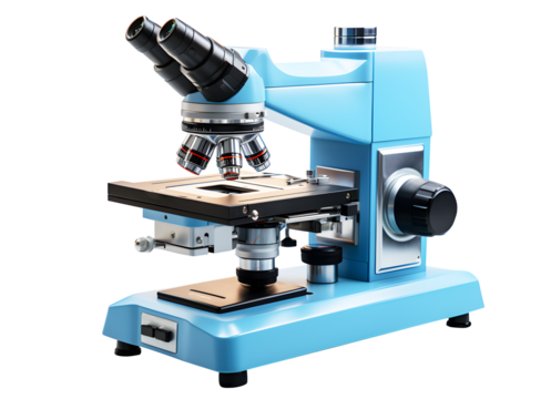 Blue microscope isolated on cut out PNG or transparent background. Scientific technology equipment is used in laboratory to look at small objects. Realistic clipart template pattern. - Powered by Adobe