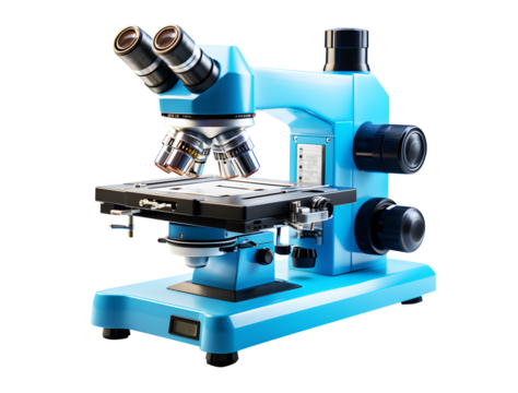 Blue microscope isolated on cut out PNG or transparent background. Scientific technology equipment is used in the laboratory to look at small objects. Realistic clipart template pattern. - Powered by Adobe