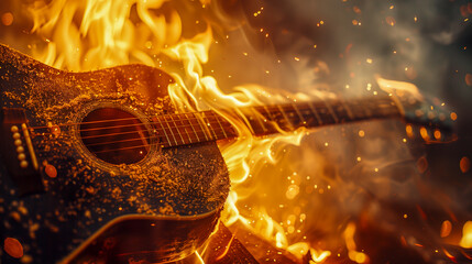 Guitar engulfed in flames with sparks on a dark background, evoking intense music passion