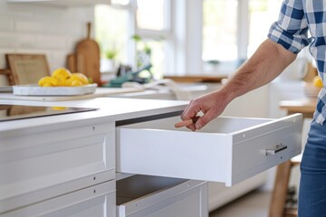 Close-up of a person's hand opening a drawer in a new white kitchen cabinet.