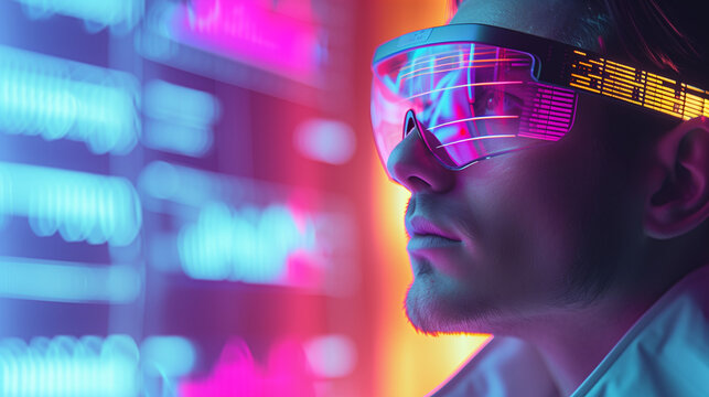 A man wearing virtual reality glasses in a bank setting, VR headset of future, financial analyst