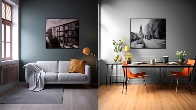 interior modern bright room with grey sofa 3D rendering computer generated image
